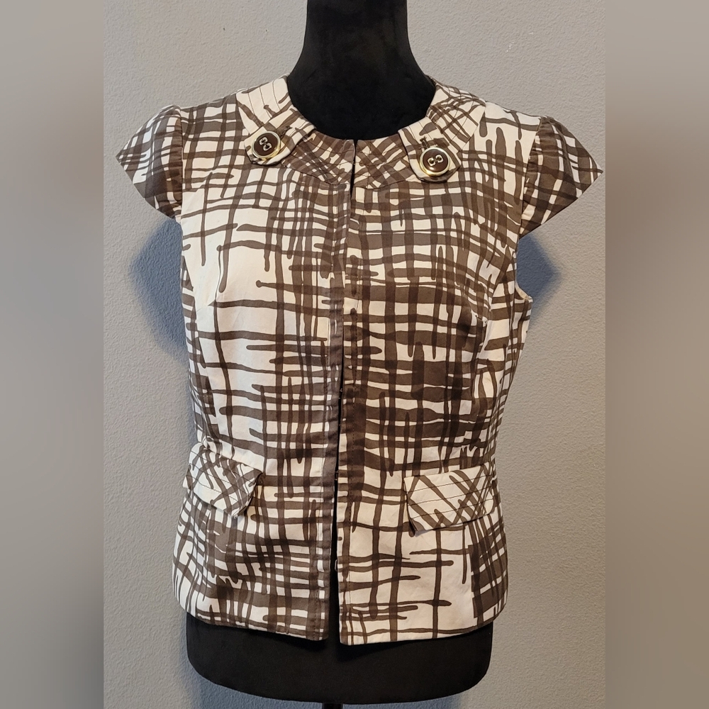 Trina Turk Cap-Sleeve Graphic Grid Shell top